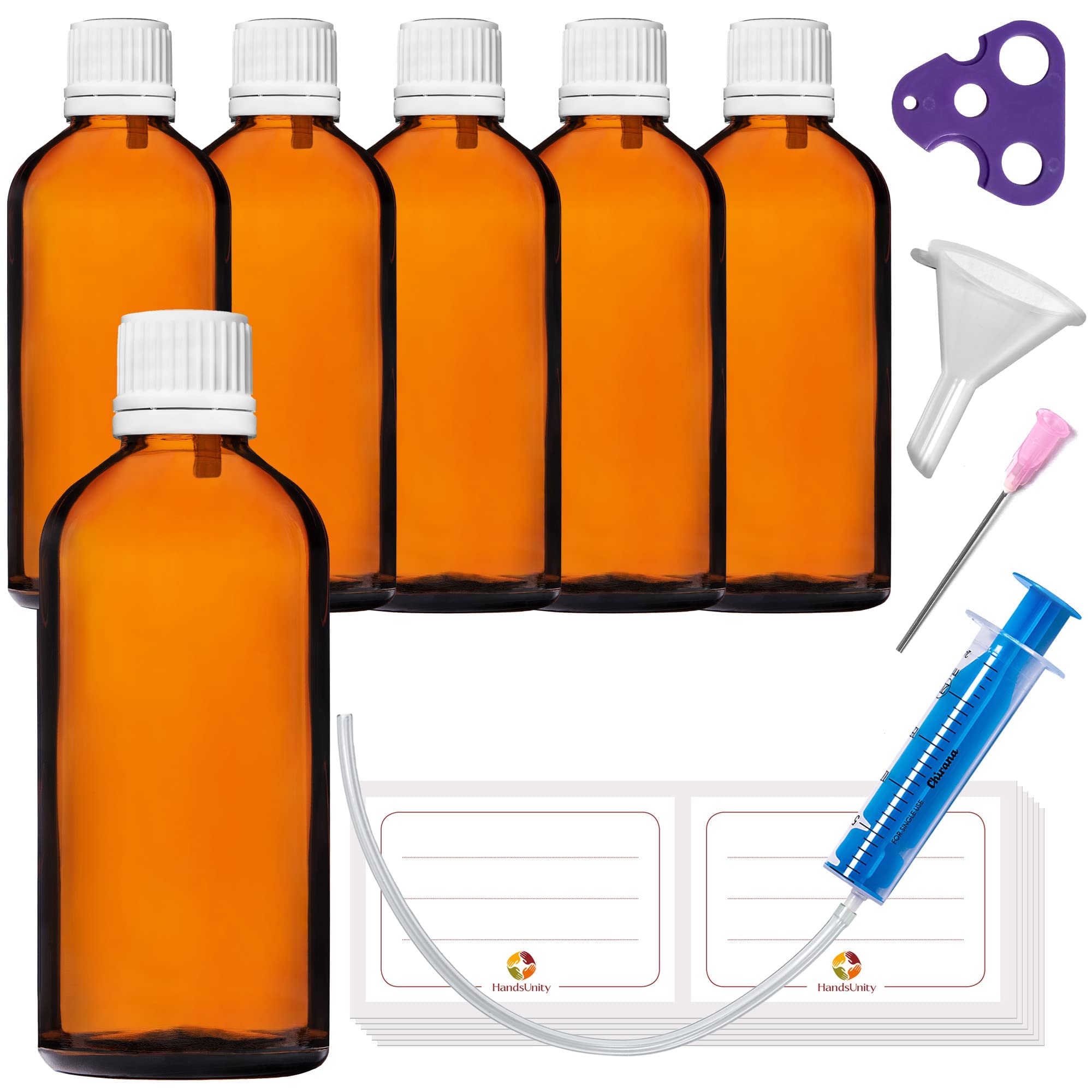 HandsUnity 100ml-6pcs Dropper Insert Bottle - Small Amber Glass Bottle Apothecary Glass with White Dropper Insert Cap made of Brown Glass set including 18 auxiliary Accessories