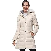 SLOW DOWN Women Winter Down Puffer Coat Warm Hooded Mid-Length Down Jacket for Women with Faux Fur Trim Hood and Pile Collar