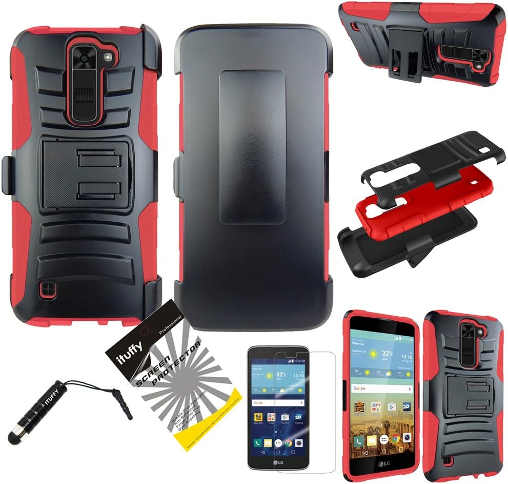 For LG Tribute 5 LS675, LG K7 ITUFFY (TM) 3items Combo: LCD Screen Protector Film + Stylus Pen + Holster Combo - Plastic Cover + Soft Rubber Silicone Built-in KickStand Impact Tuff Armor Case (Red)