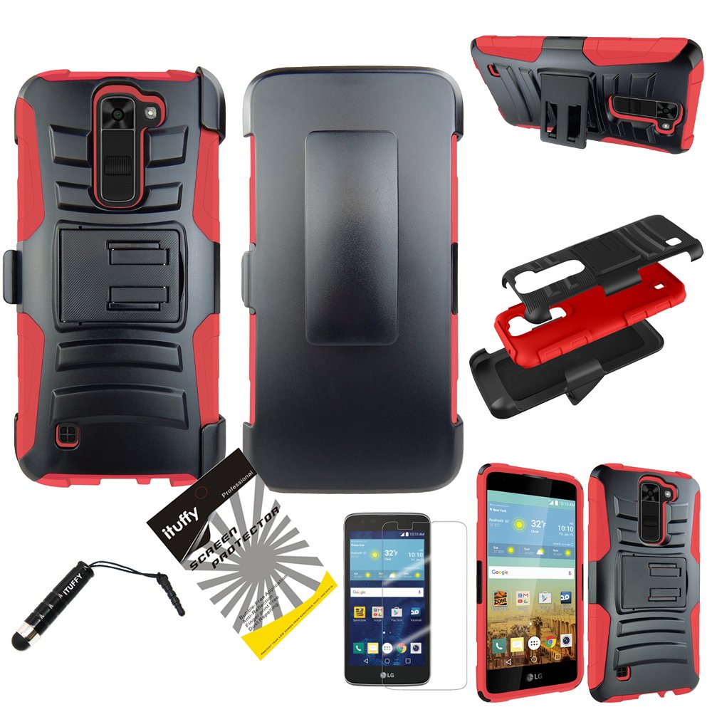 For LG Tribute 5 LS675, LG K7 ITUFFY (TM) 3items Combo: LCD Screen Protector Film + Stylus Pen + Holster Combo - Plastic Cover + Soft Rubber Silicone Built-in KickStand Impact Tuff Armor Case (Red)