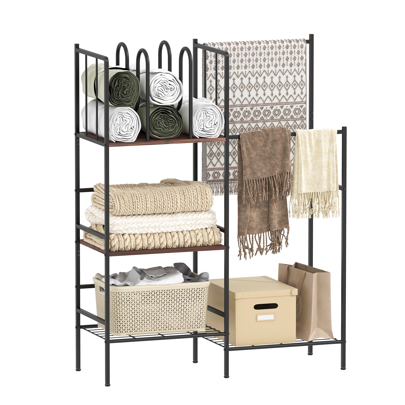 Photo 1 of aboxoo Free Standing Towel Rack, 3 Tier Blanket Rack with M-Shaped Dividers,2 Tier Drying and Display Rack, Towel Holder for Bathroom,Blanket Storage for Living Room, Rustic Brown and Black