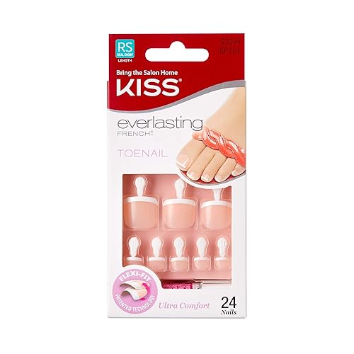 KISS Everlasting, Press On Toenails, Nail Glue Included, 'Limitless', French, Short Size, Squoval Shape, Includes 24 Nails, 2g Glue, 1 Manicure Stick, 1 Mini file