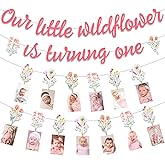 Jollyboom Wildflower 1st Birthday Decoration Girl, Our Little Wildflower is Turning One Banner Floral Theme Photo Banner from Newborn to 12 Months for Floral First Birthday Party Decoration