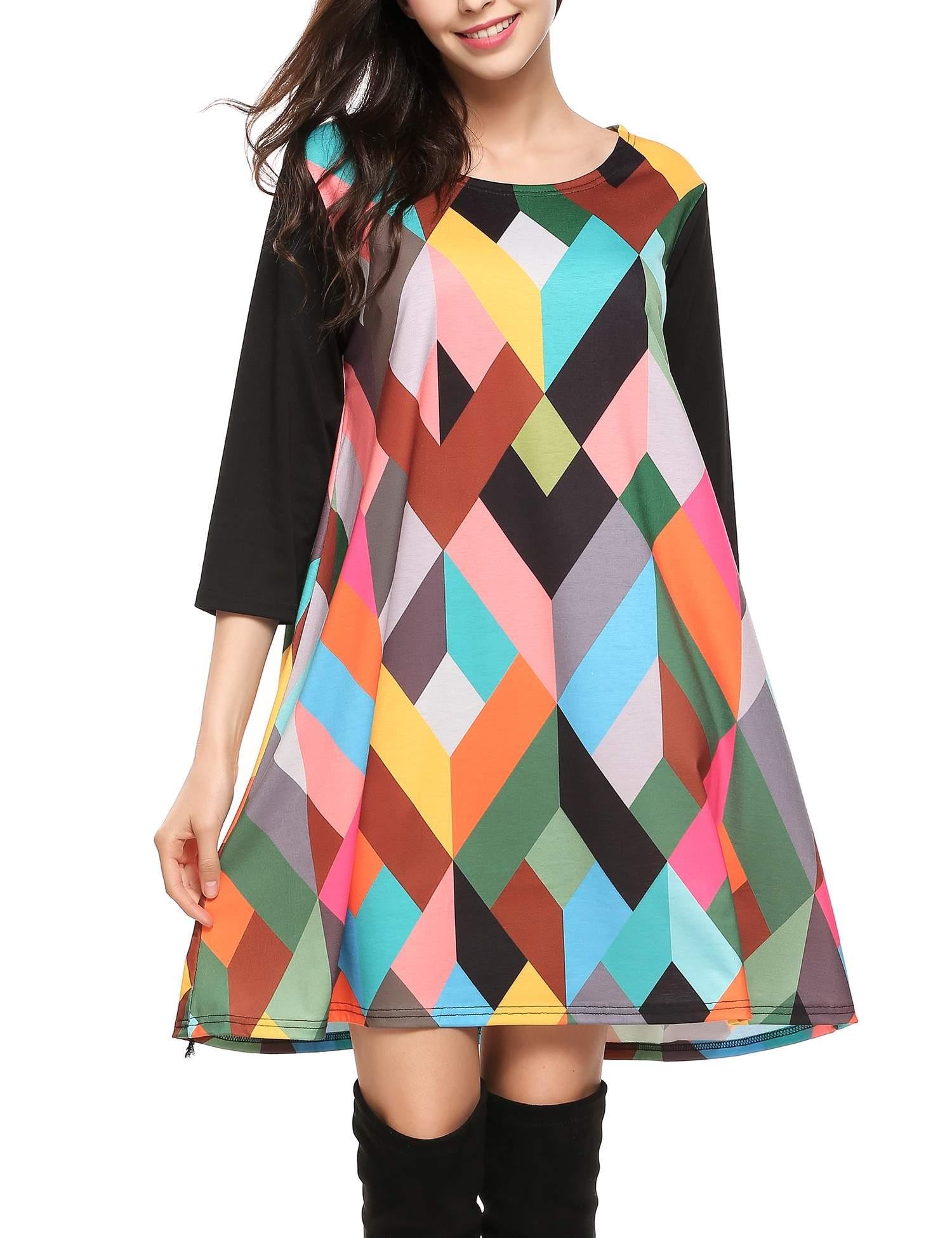 Zeagoo Women\'s Geometric Prints Loose Casual Summer Fall Tunic Top Dress Black XXL