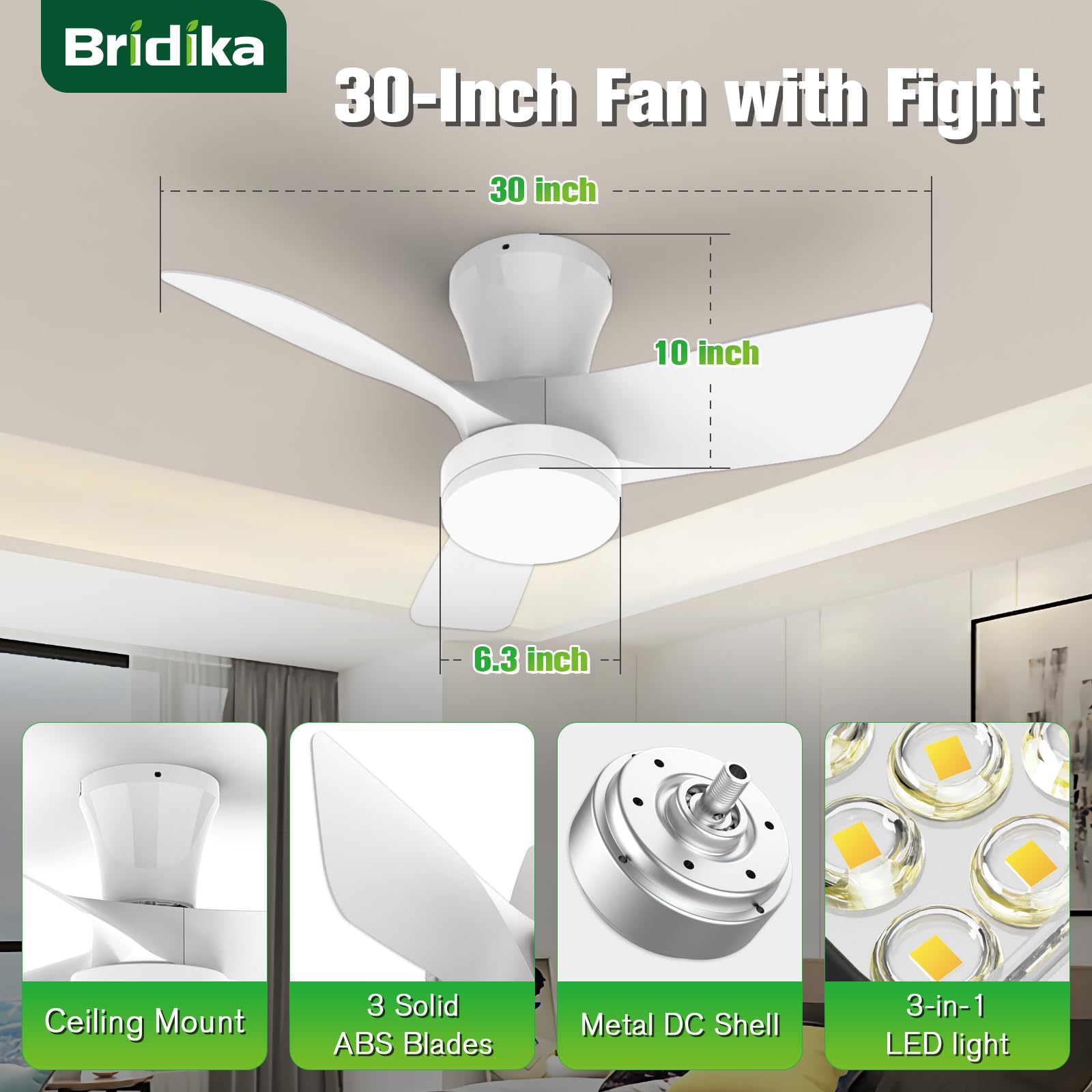 Mua Bridika 30 inch Ceiling Fan with Light,Quiet Flush Mount Ceiling ...