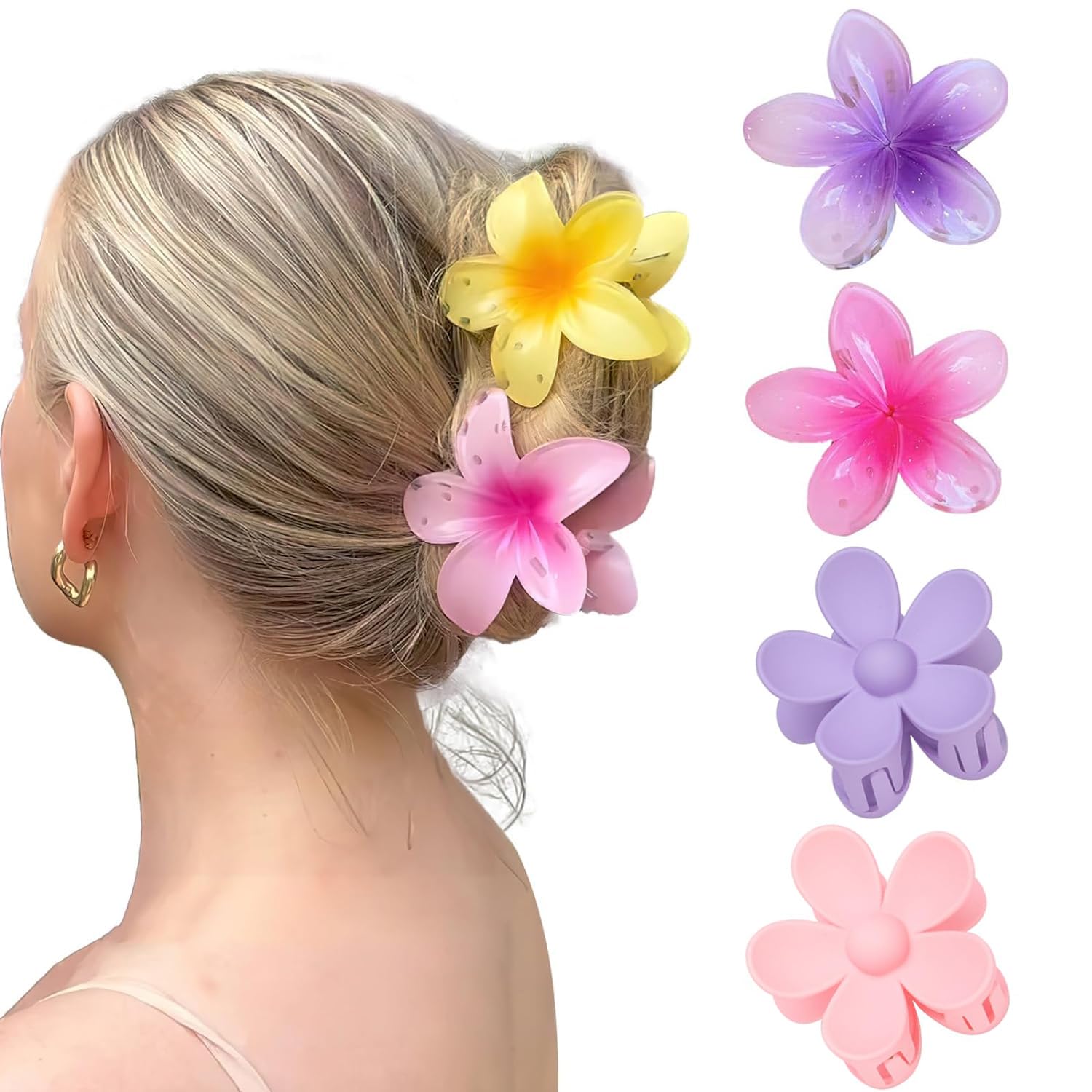 Flower Hair Clips 4PCS Cute Hair Claw Clip Hawaiian Flower Claw Clips Matte Large Claw Clips Strong Hold Jaw Clamps Thick Hair Accessories Thin Hair Claw for Women Girl Gift (Colour1)