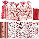 100 Pcs Valentine Treat Bags - Red Heart Cellophane Goodie Bags, Clear Plastic Happy Valentine's Day Cello Candy Gift Bag With Twist Ties for Wedding Anniversary Party Favors Supplies