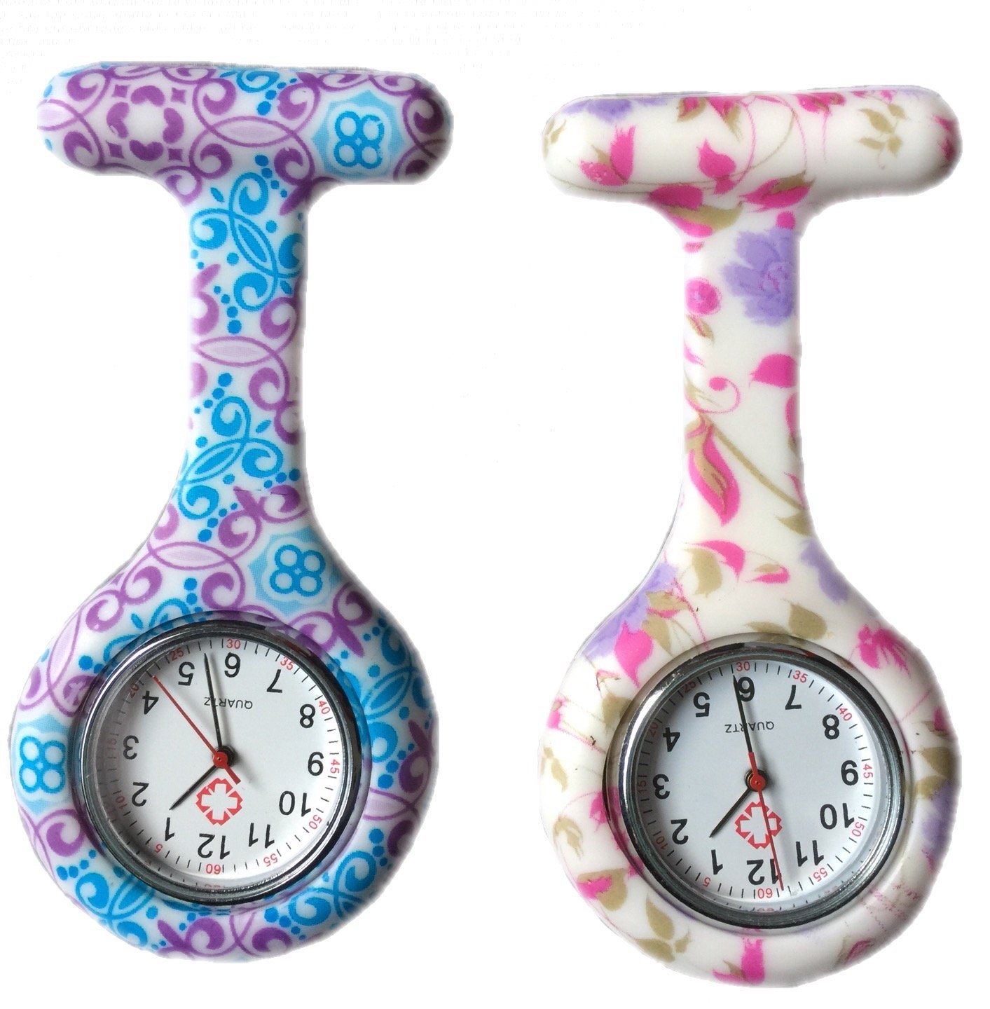 Boolavard Women’s / Girl’s / Nurse's Clip-on Fob Watch, Silicone Gel, Hanging Pocket Watch, Pack of 2, Fashion Flower Design