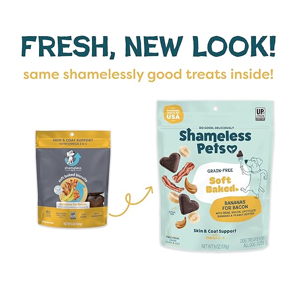 SHAMELESS PETS SOFT-BAKED DOG TREATS, BANANAS FOR BACON – NATURAL & HEALTHY DOG CHEWS FOR SKIN & COAT SUPPORT WITH OMEGA 3 & 6 – BISCUITS BAKED & MADE IN USA, FREE FROM GRAIN, CORN & SOY – 1-PACK