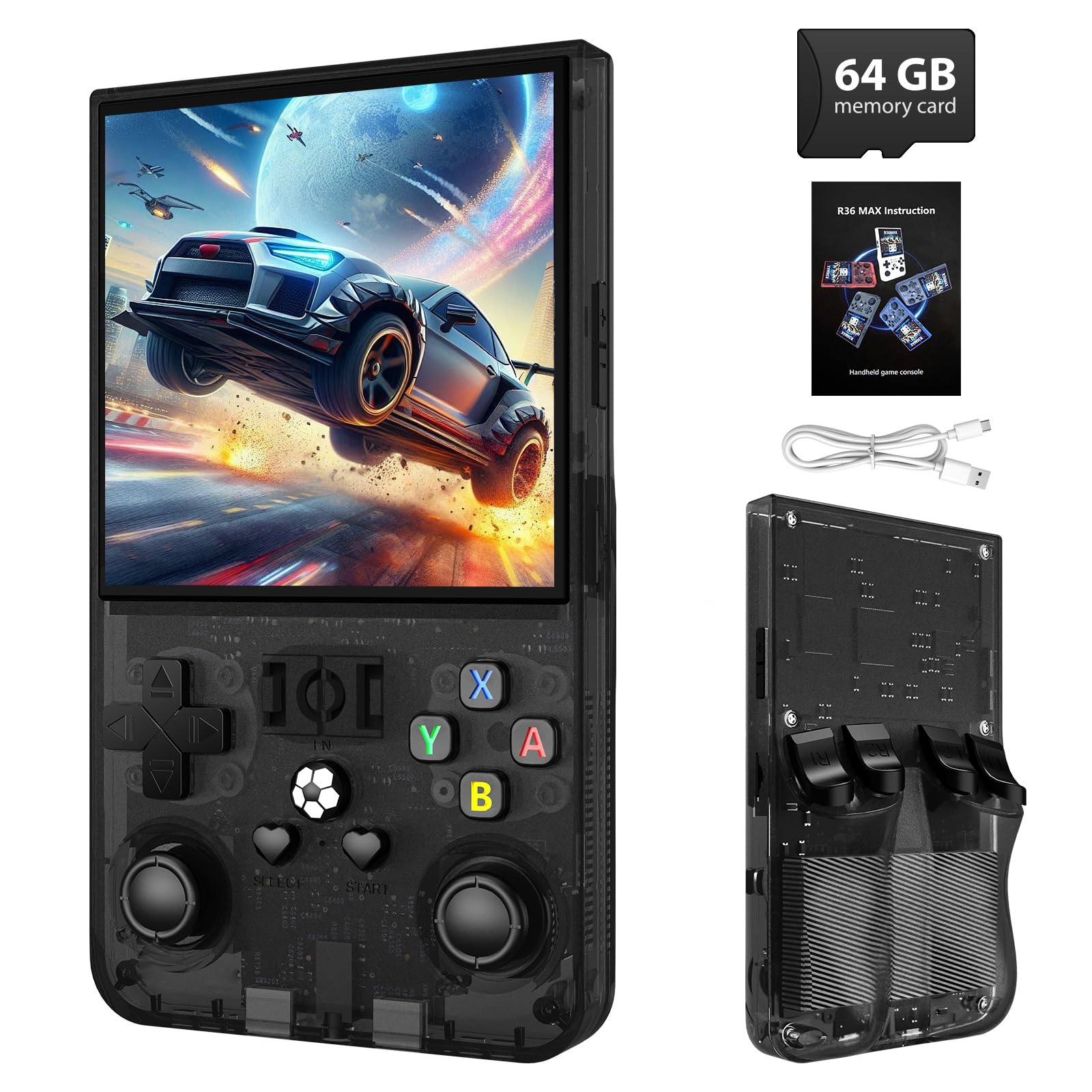 Photo 1 of R36MAX Retro Handheld Game Console - 64GB Preloaded Classic Video Games, Support 30+ Simulators, Linux-Powered Portable Game Emulator Console with 4.0-in HD IPS Screen (Transparent Black)