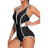 beautyin Women Zipper One Piece Swimsuit Athletic Racerback Bathing Suit with Pockets