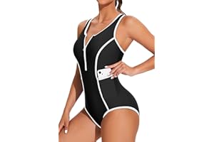 beautyin Women Zipper One Piece Swimsuit Athletic Racerback Bathing Suit with Pockets