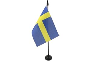 Sweden Table Flag 4'' x 6'' - Swedish Desk Flag 15 x 10 cm - Black plastic stick and base - AZ FLAG
