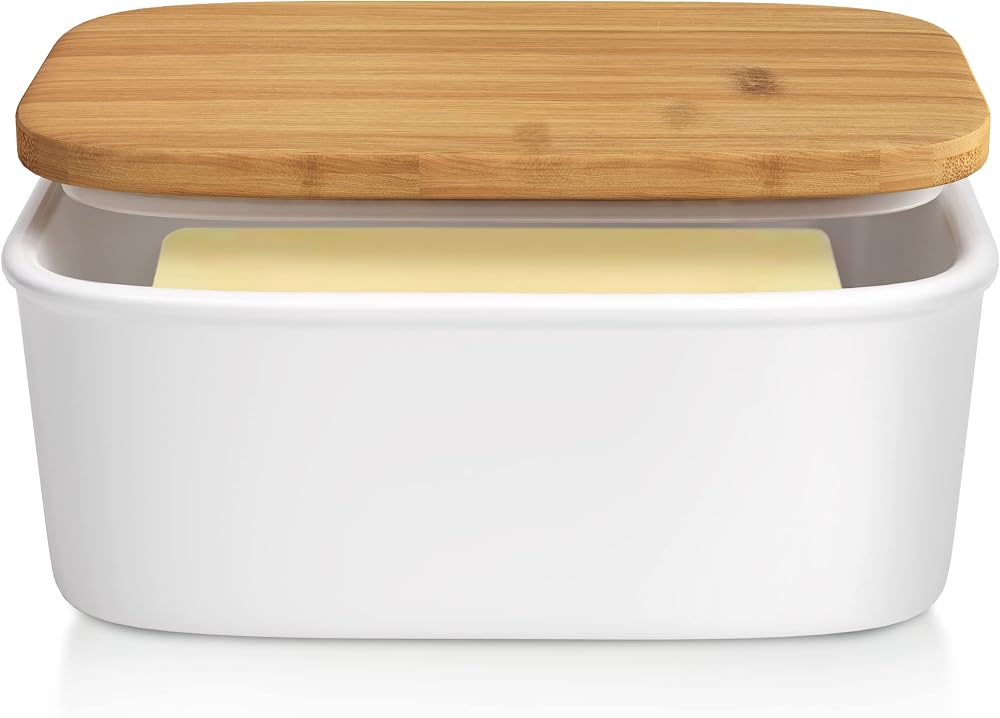 Tydi Elegant Porcelain Butter Dish with Lid Bamboo Seal White 16cm