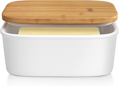 Tydi Elegant Porcelain Butter Dish with Lid Bamboo Seal White 16cm
