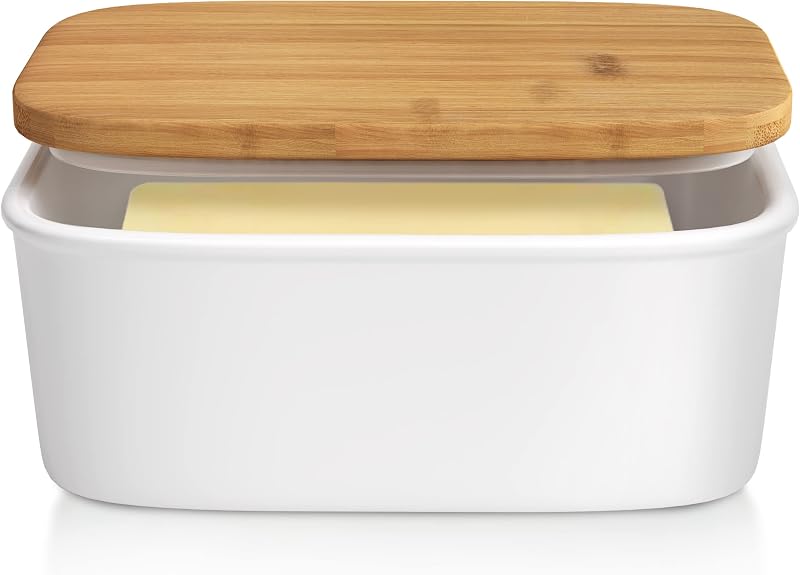 Tydi Elegant Porcelain Butter Dish with Lid Bamboo Seal White 16cm