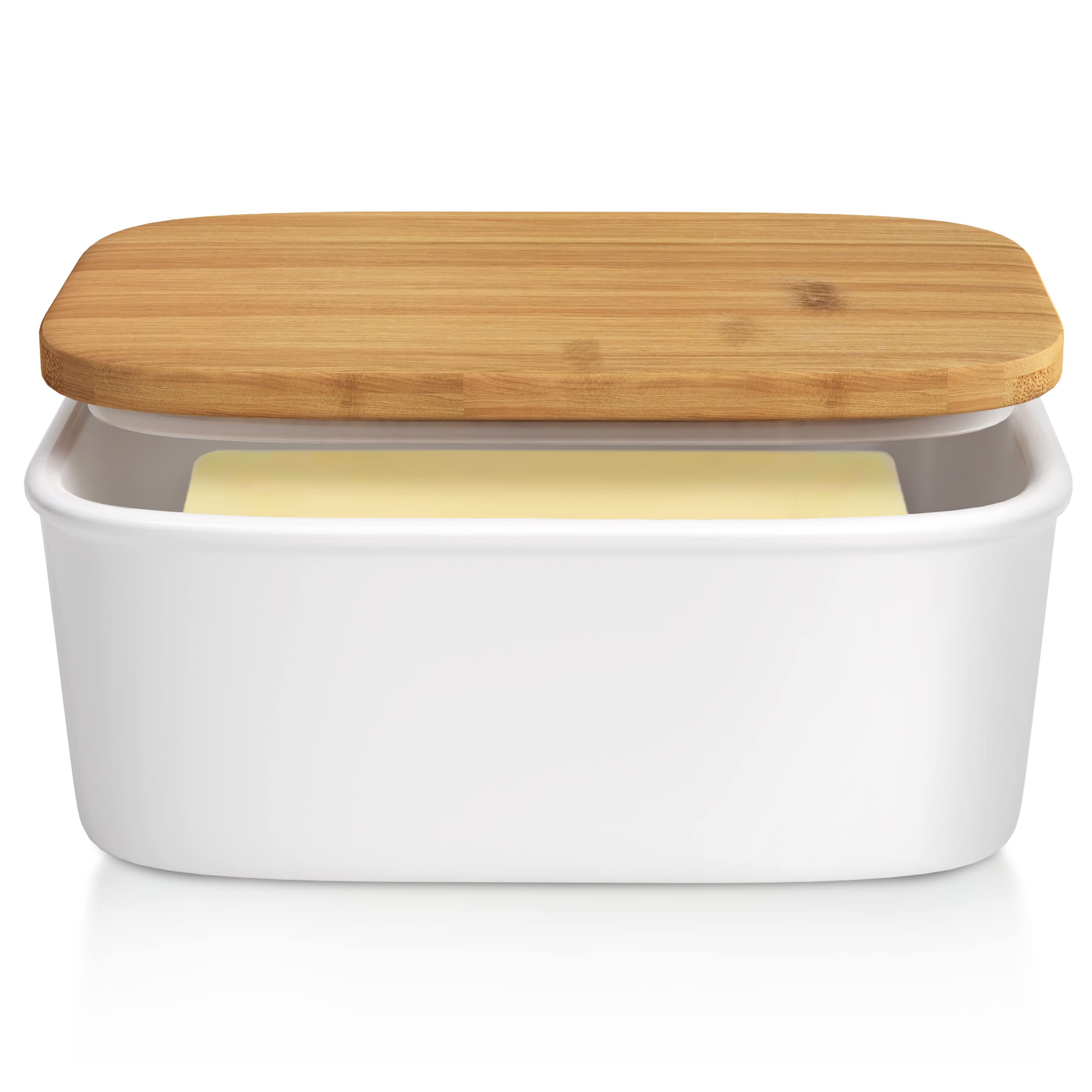 Tydi Elegant Porcelain Butter Dish with Lid Ceramic - 16x10.5x7 cm (up to 600g Capacity) Butter Dishes with Lids - Removable Silicone Seal - White with Bamboo Lid - Butter Container