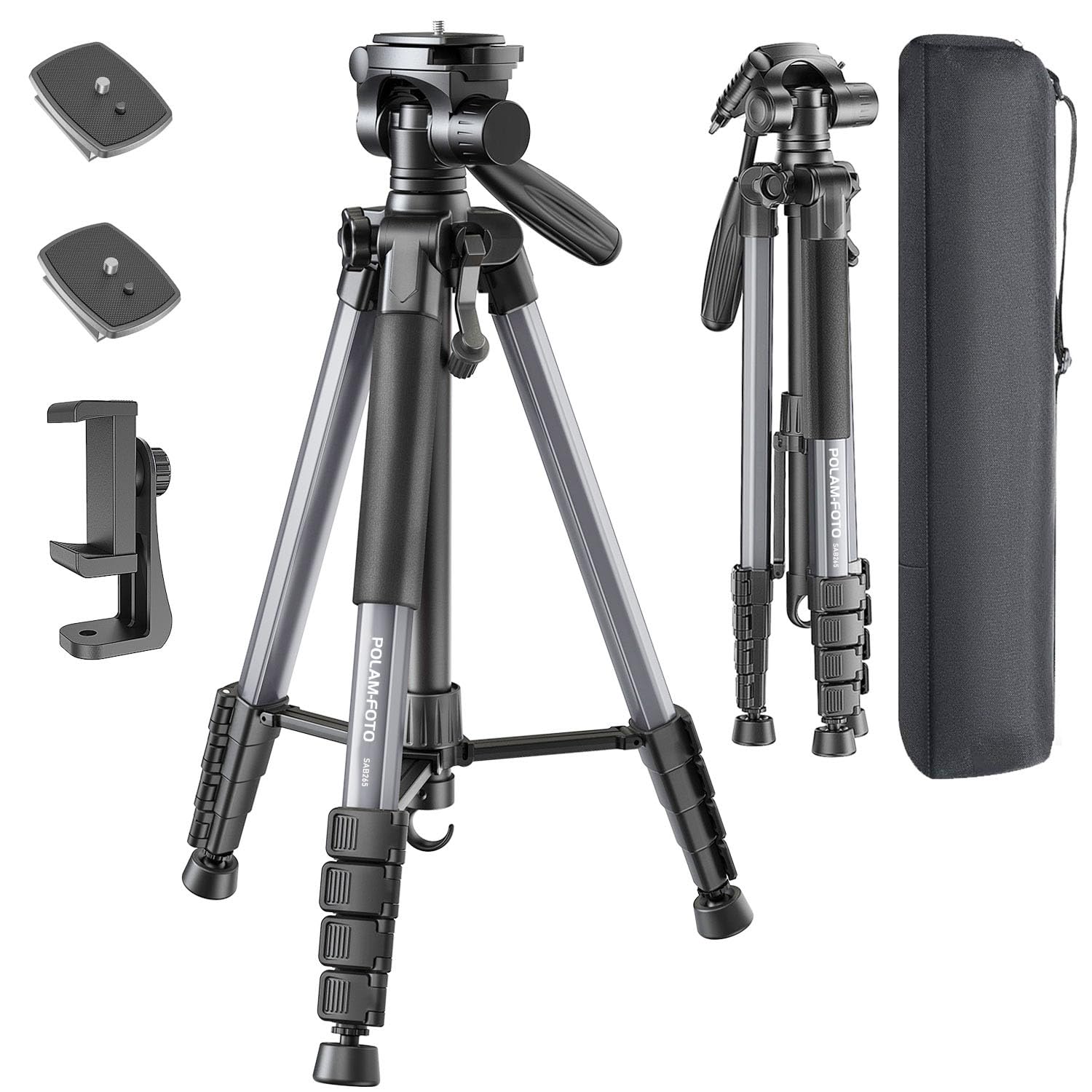 POLAM-FOTO Camera Tripod 74”/188cm, Porfessional Aluminum Heavy Duty Tripod Stand, Compact tripod with Carry Bag,with Phone Holder gray