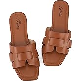 Putu Women's Flat Sandals Dressy Summer Sandals Strappy Slides with Square Open Toe