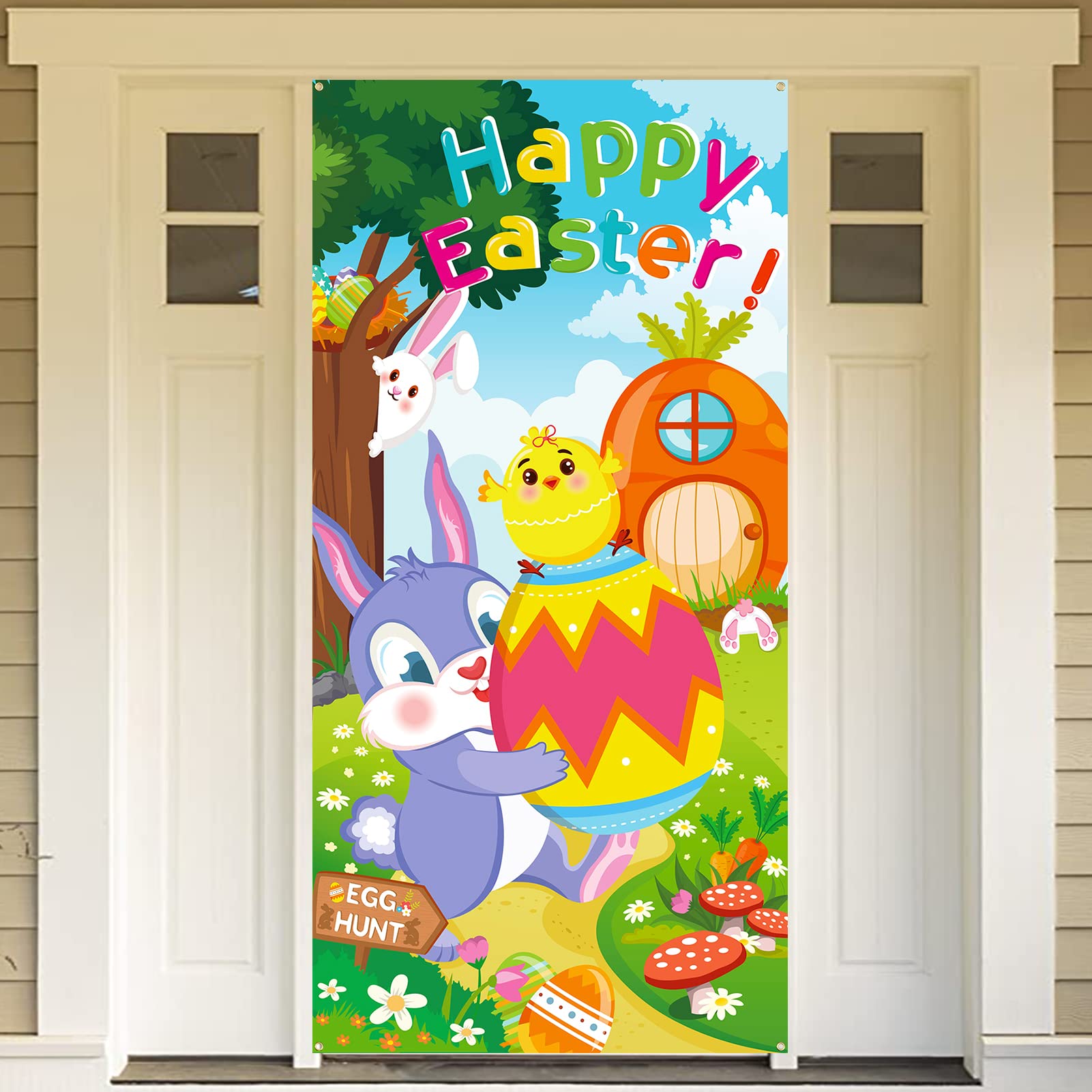 DPKOW Happy Easter Banner for Easter Door Wall Decoration, Fabric Banner for Easter Outdoor Game Activities Decoration, Easter Photo Backdrop Background Poster, Easter Party Decoration, 180 * 90cm