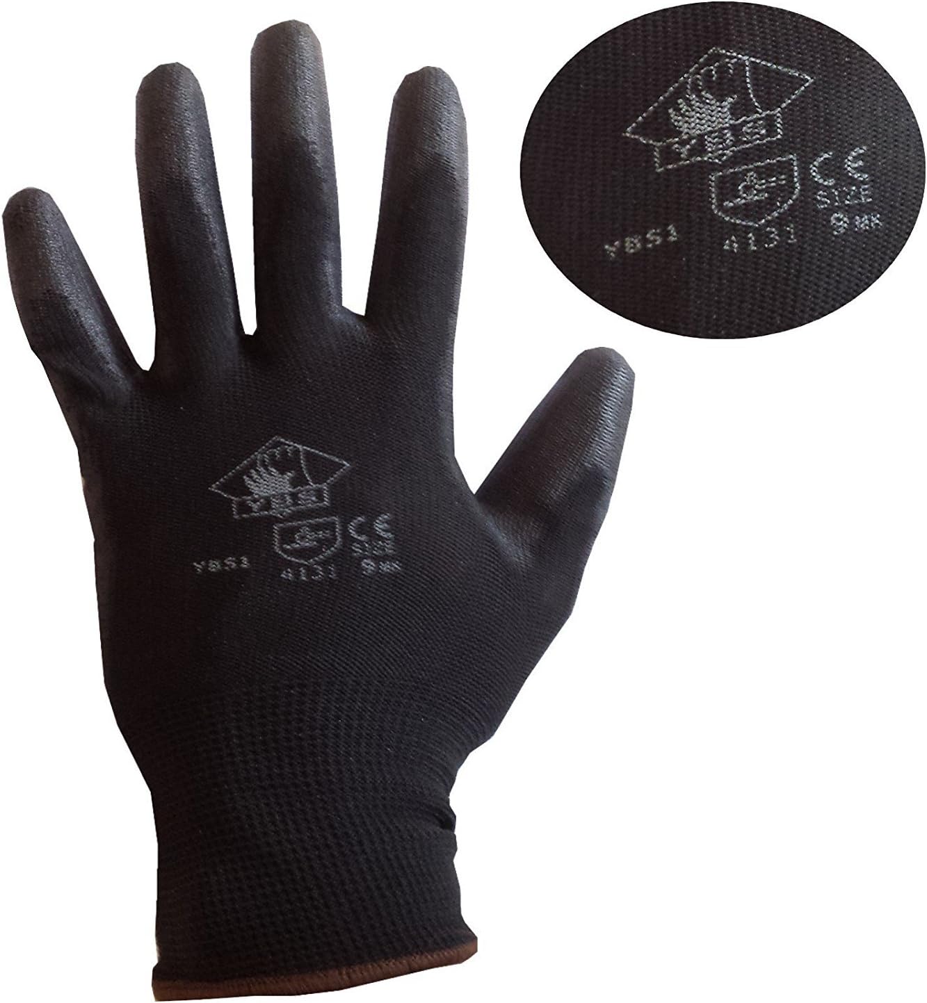 12 Pairs PU Polyurethane Palm Coated Gloves for Safety and Workwear - Black (XS)