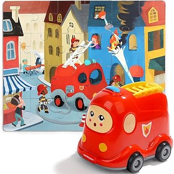 TOP Bright Fire Trucks for Boys - Toddlers Car Toys for 3 Year Old Boy Girl Gifts - STEM Toy Educational Learning with 24 Pieces Wooden Puzzles in A Fire Truck