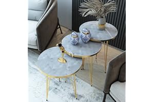 PAK HOME Set of 3 High Gloss White Marble Gold Legs Nesting End Tables Round Wood Stacking Coffee Side Accent Table with Metal Legs for Living Room, Home Office, Nightstands for Bedroom