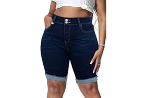 Gocolloa Womens Plus Size Jean Shorts Stretchy High Waisted Ripped Roll Hem Denim Bermuda Shorts 10" Inseam