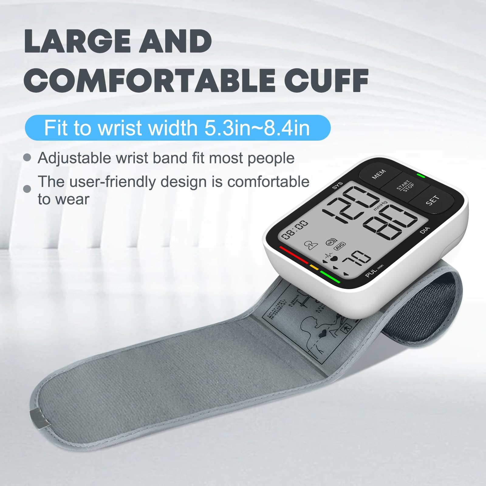 KIKEANG Blood Pressure Cuff Wrist, Universal Bp Cuff(5.3-8.4in) Large LCD Display 2 Users Total 240 Memories, 2 AAA Batteries & Carrying Case Included
