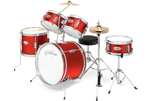 Ashthorpe 5-Piece Complete Junior Drum Set with Genuine Brass Cymbals - Advanced Beginner Kit with 16" Bass, Adjustable Throne, Cymbals, Hi-Hats, Pedals & Drumsticks - Red