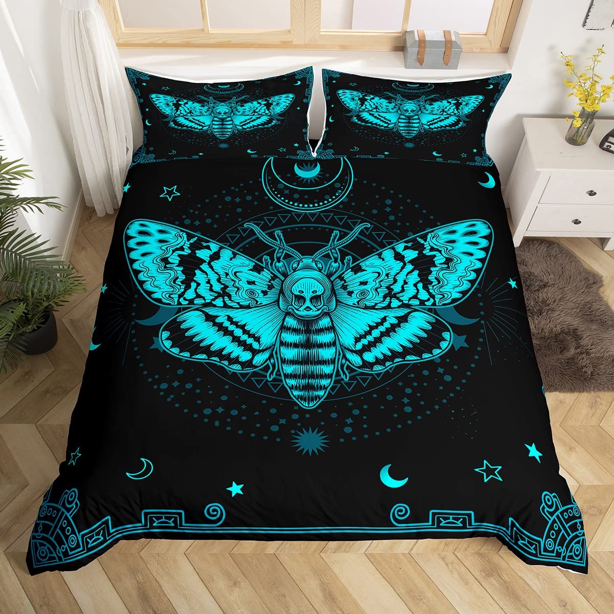 richhome Death Moth Duvet Cover for Boys,Girls Skull Gothic Comforter Cover Double Size,Boho Starry Sky Bedding Set Kids Teen Room Decor Bed Cover,Stars and Moon Bedclothes with Zipper