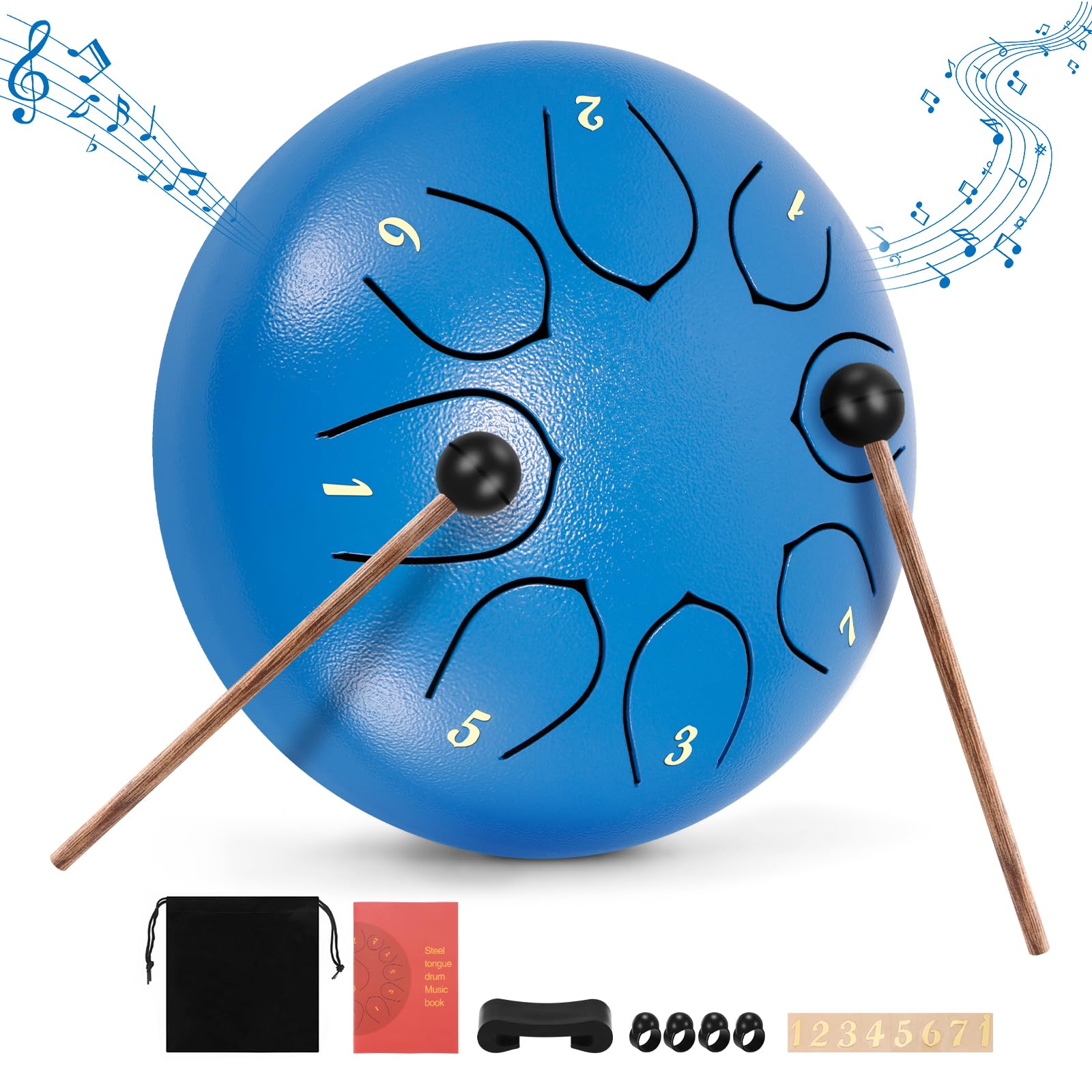 Steel Tongue Drum, 6 inches 8 Tone D Key Ethereal Drum,Beginner Handpan Percussion Tongue Comes with Carry Bag,2 Sticks,4 Finger Cots, Suitable for Sound Healing Meditation Yoga（blue）