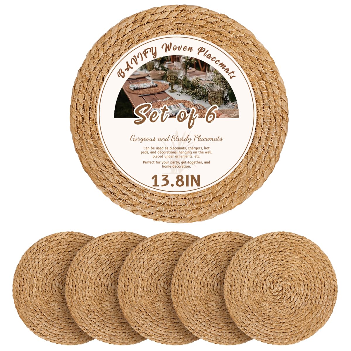 Photo 1 of 13.8 in Round Woven Placemats Plate Chargers Set of 6, Boho Farmhouse Rustic Woven Place Mats for Dining Table Decor, Rattan Wicker Table Mats Jute Braided Chargers for Dinner Plates 
