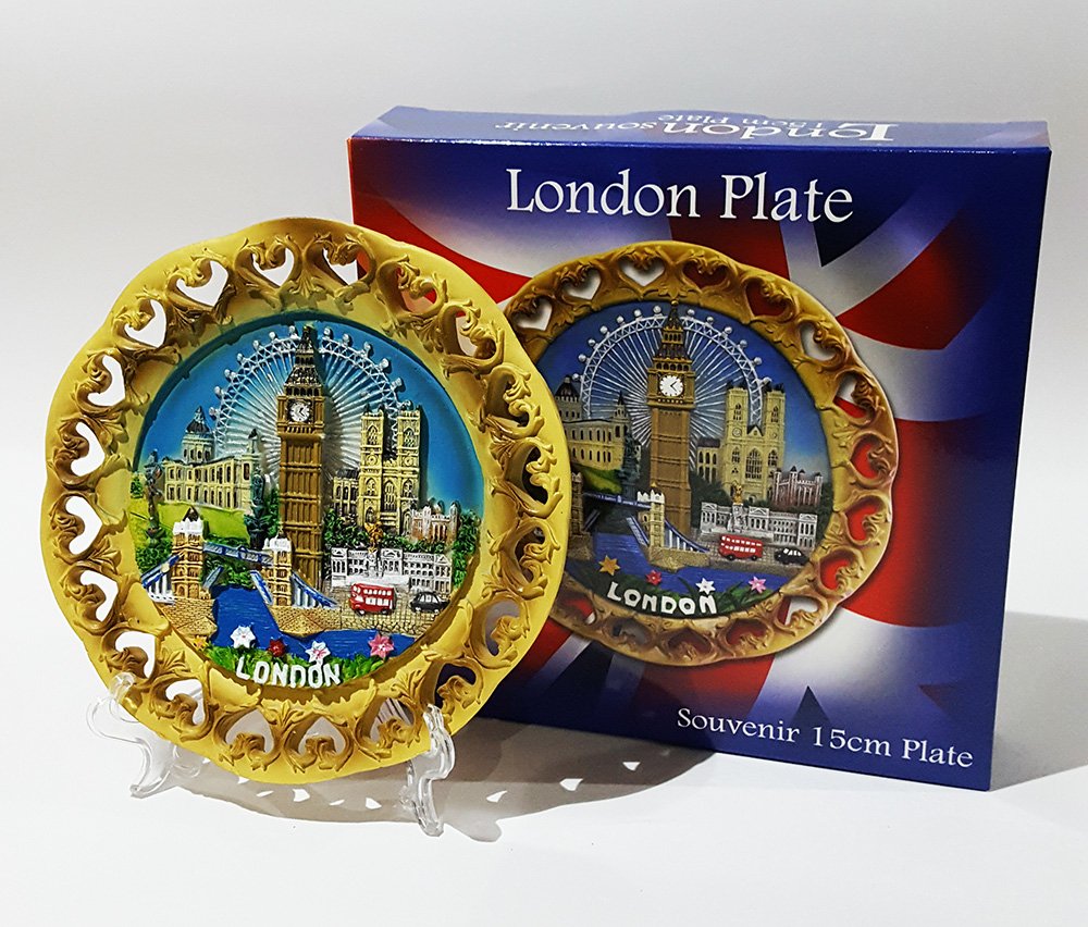 Wood Style Decorative Plate Detailing London Skyline: Big Ben, Tower Bridge and London Eye etc (Medium Cutout)