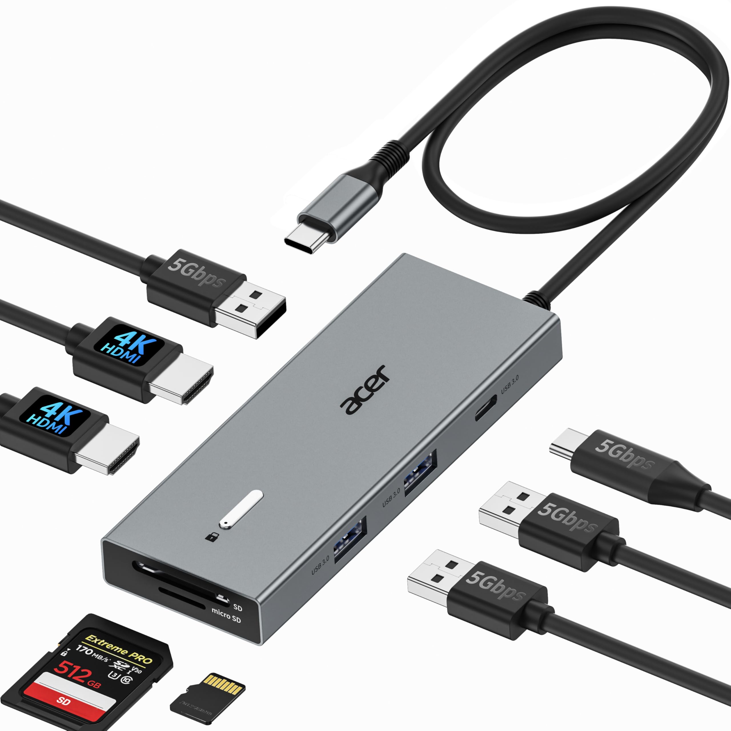 Acer USB C Docking Station Dual Monitor with 2 HDMI, 9-in-1 Laptop Docking Station with 4K@60Hz HDMI, USB A&C 3.0, SD/Micro SD, 100W PD, USB C Dock with Long Cable (60cm)