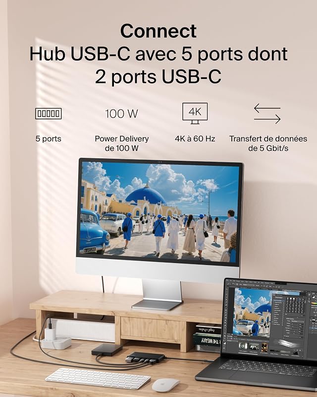 Hub USB-C Ports avec HDMI 4K à 60 Hz, Power Delivery 100 W, Transfert de Données 5 Gbit/s, pour MacBook, iPad Pro, Chromebook, Etc., HDMI 2.0 - Noir