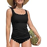 ANFILIA Womens Two Piece Ribbed Tankini Swimsuits Scalloped Tankini Tops with Bottoms Tummy Control Bathing Suits