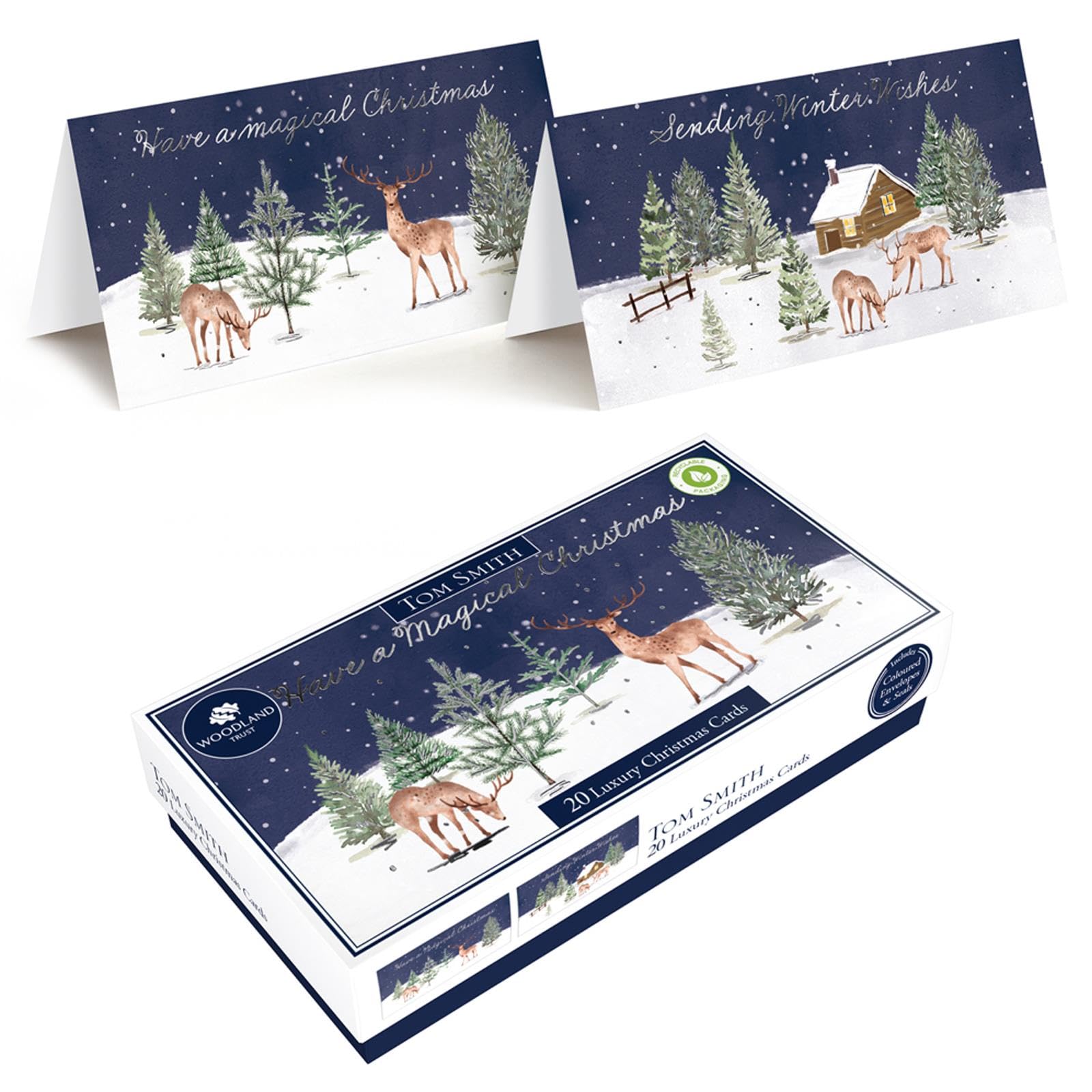 Tom Smith 20 Boxed Luxury Eco Friendly Christmas Cards 2 Slim Woodland Reindeer Designs