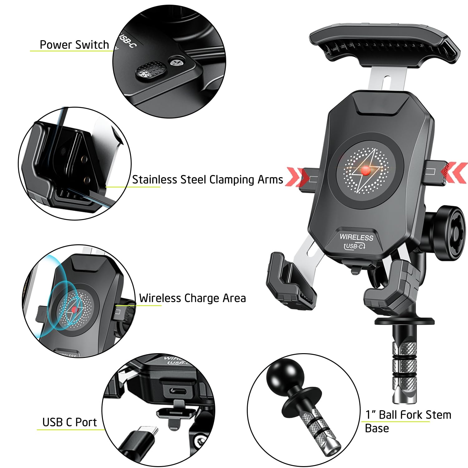 iMESTOU Motorcycle Fork Stem Phone Mount Wireless/USB C Charger with RAM 1