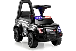 OLAKIDS Ride On Push Police Car, Toddler Foot-to-Floor Sliding Toy with Siren, Steering Wheel, Megaphone, Horn, Headlights, Under Seat Storage, Kids Racer Walking Gift for Boys Girls 1-3 (Black)