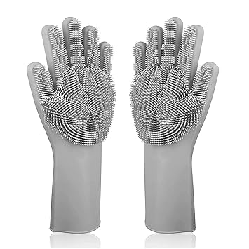 GAHI Silicone Non-Slip, Dishwashing and Pet Grooming, Magic Latex Scrubbing Gloves for