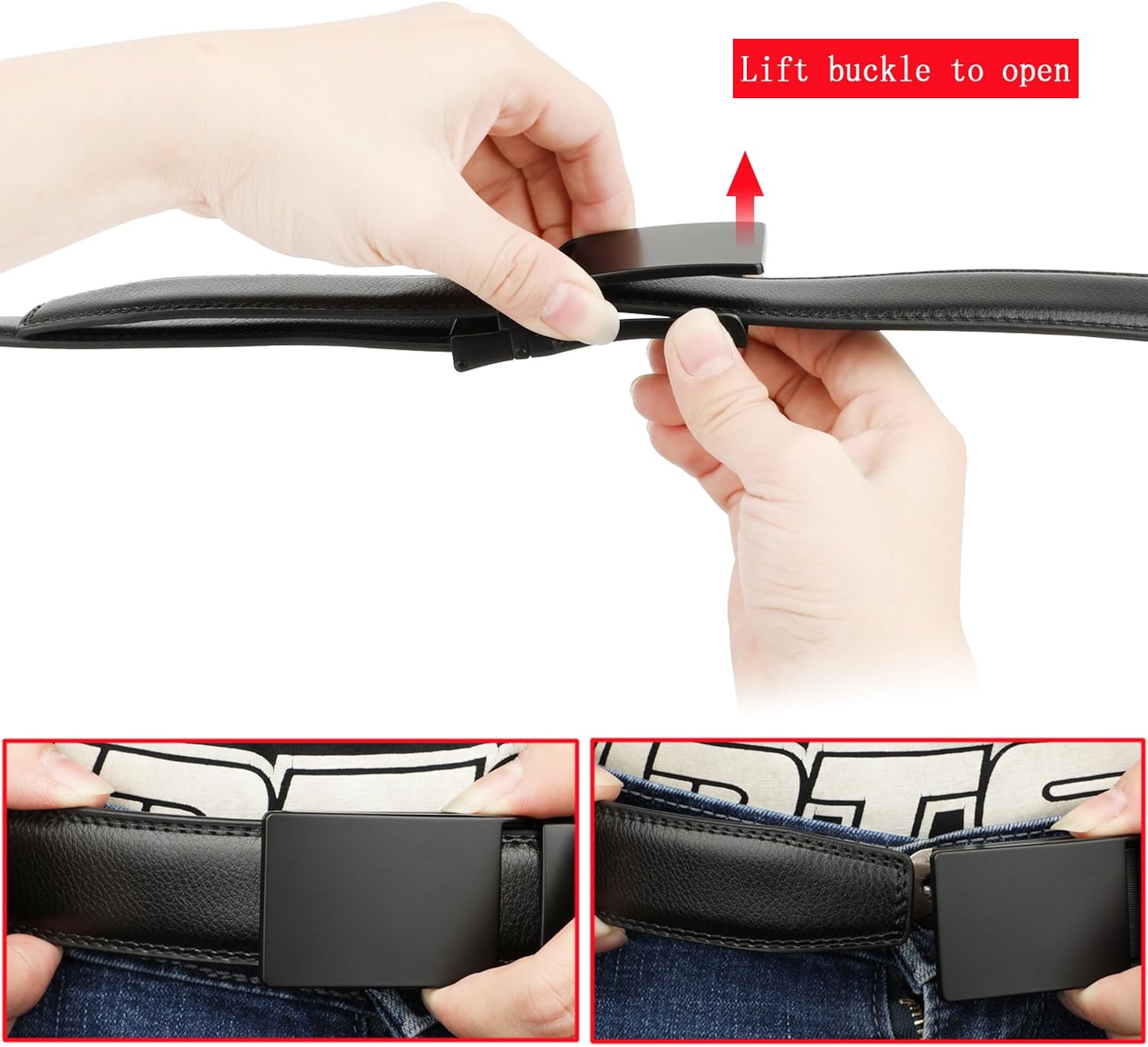 Men's Comfort Genuine Leather Ratchet Dress Belt with Automatic Click Buckle (Suit Pant Size 28"-44", Style 2 -Black): Clothing