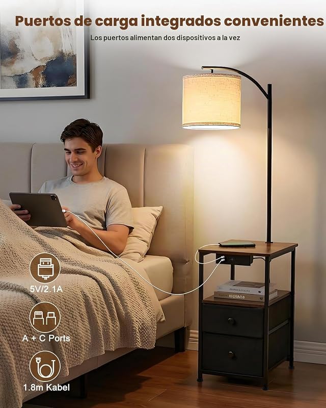Lámpara de pie con mesa y 2 cajones, lámpara de mesita de noche con estación de carga USB y Type C, lámpara de pie con 3 temperaturas de color y pantalla ajustable, lámpara LED para salón y dormitorio