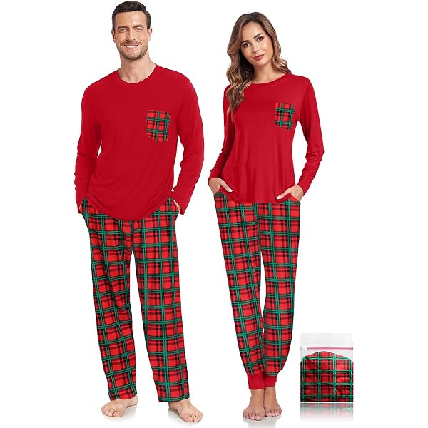 SWOMOG Couples Pajama Sets – Soft Plaid Sleepwear With Pockets