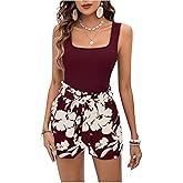 BEAUDRM Women's 2 Piece Floral Boho Outfit Sleeveless Square Neck Tank Top and Tribal Print Belted Shorts Vacation Sets