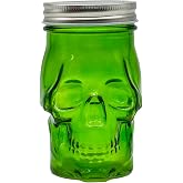 Green Skull Mason Jar Glass Cup with Lid and Straw, 14 oz Reusable Glass for Party, Cocktails, or Halloween Bar Décor