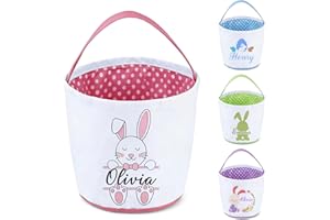 Personalized Easter Basket for Kids Custom Easter Bucket with Name, Cute Bunny Easter Egg Hunt Bag, Tote Bags Storage Bins Fe