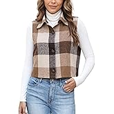 UANEO Womens Fall Cropped Plaid Vest Flannel Button Down Sleeveless Shirt Jacket Lapel Collar Gilet