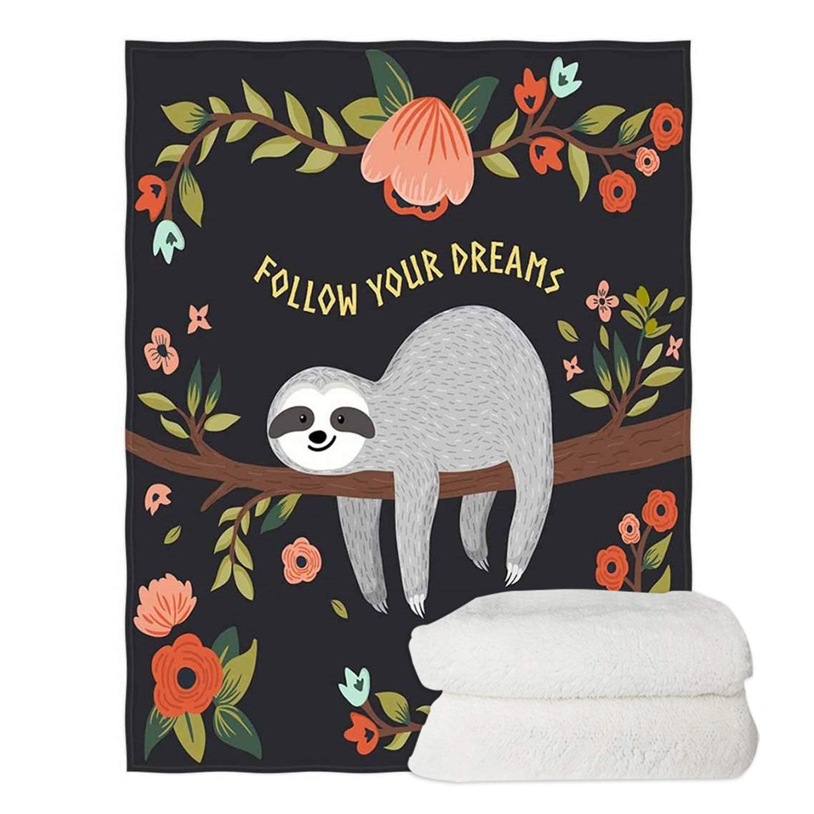 Coloranimal Sloth Bed Blanket for Kids Follow Your Dreams Sloth On The Tree Throw Blanket Cover Home Decorative for Men/Women/Boys/Girls Living Room Bedroom Sofa Chair L