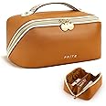 Prite Travel Cosmetic Bag Makeup Organizer Bag For Women Large Capacity Waterproof PU Leather Toiletry Bag with Jacquard Ribbon Handle and Clear Divider(New Brown)